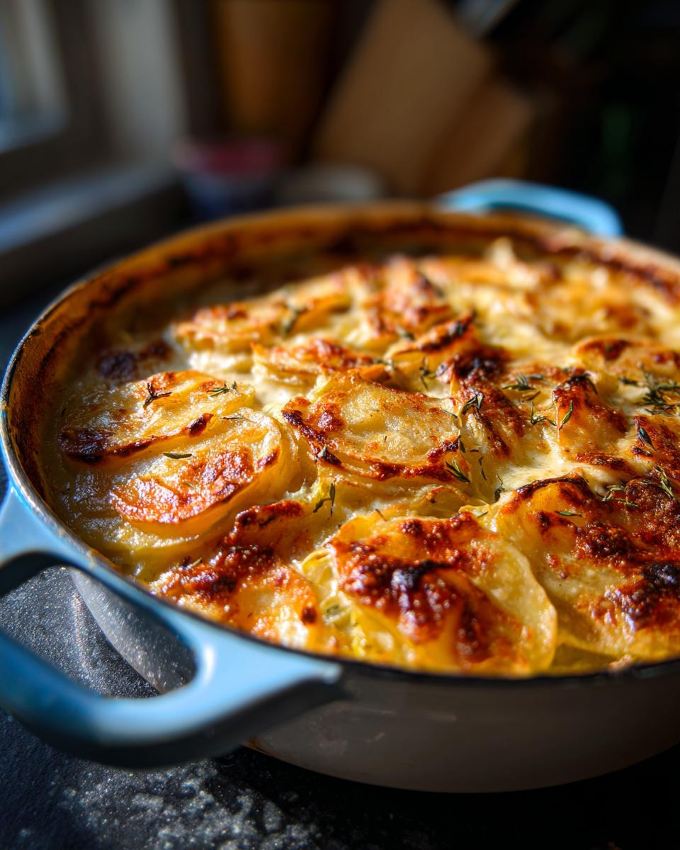 Nahaufnahme eines goldbraunen Kartoffelgratins mit Lauch und Sahne, frisch aus dem Ofen.