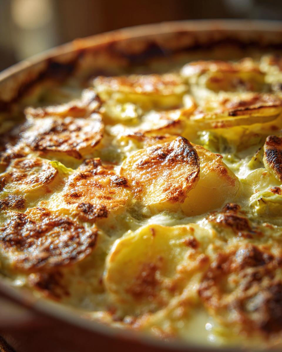 Nahaufnahme eines frisch gebackenen Kartoffelgratins mit Lauch und Sahne, goldbraun überbacken.