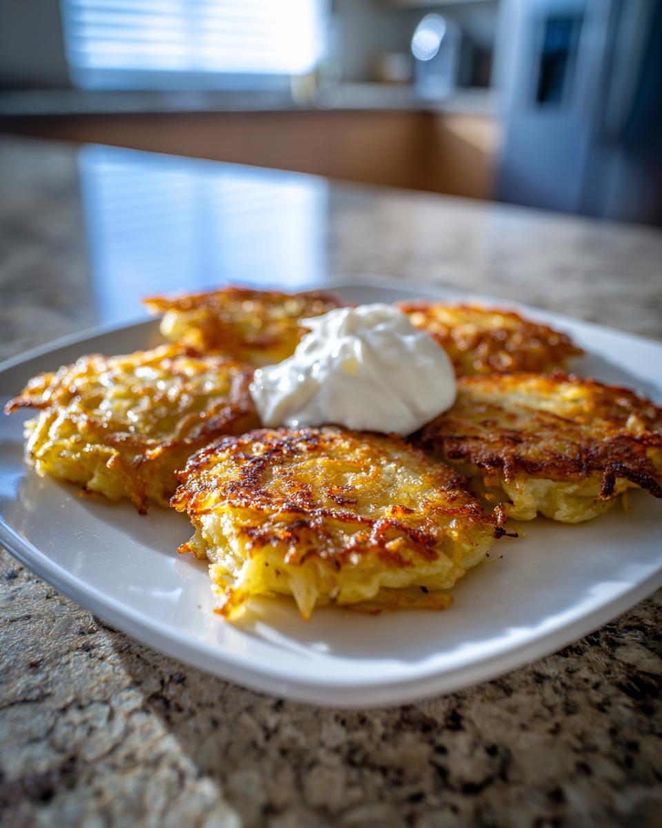 Teller mit goldbraunen, knusprigen Kartoffelpuffern, garniert mit einem Klecks Sauerrahm.