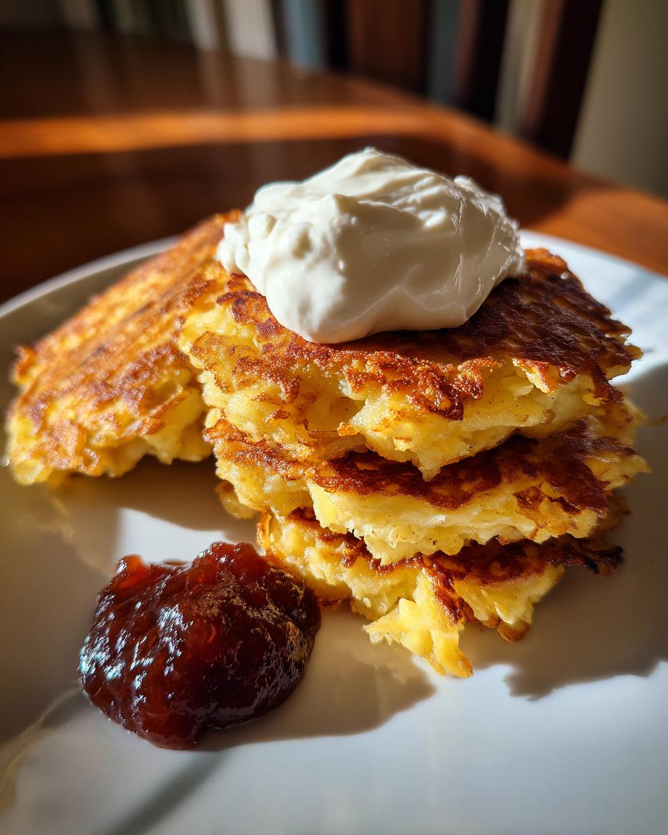 Ein Stapel goldbrauner Kartoffelpuffer mit einem Klecks Sauerrahm und einem Löffel Apfelmus.