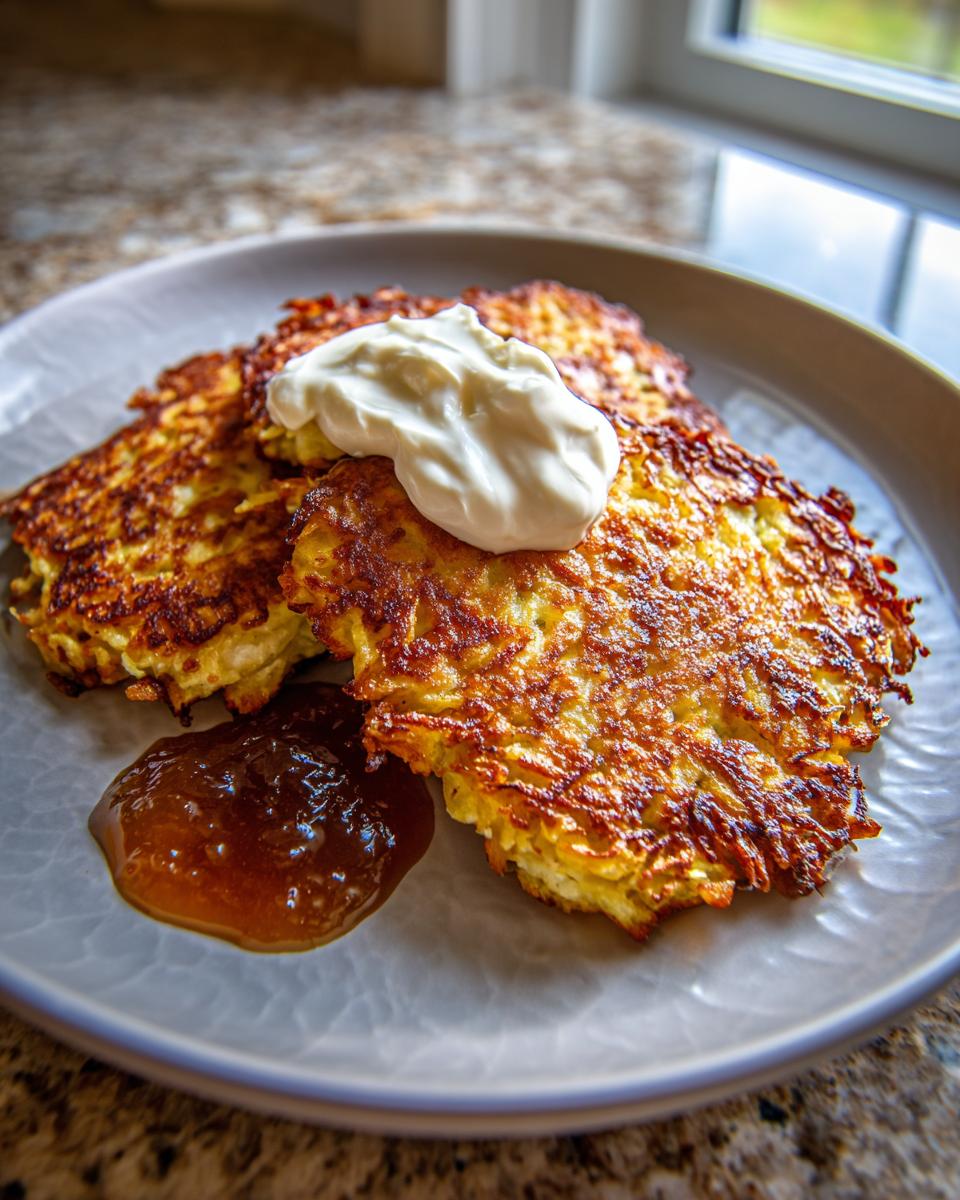 Goldbraune Kartoffelpuffer mit einem Klecks Sauerrahm und einem Löffel Apfelmus auf einem Teller.