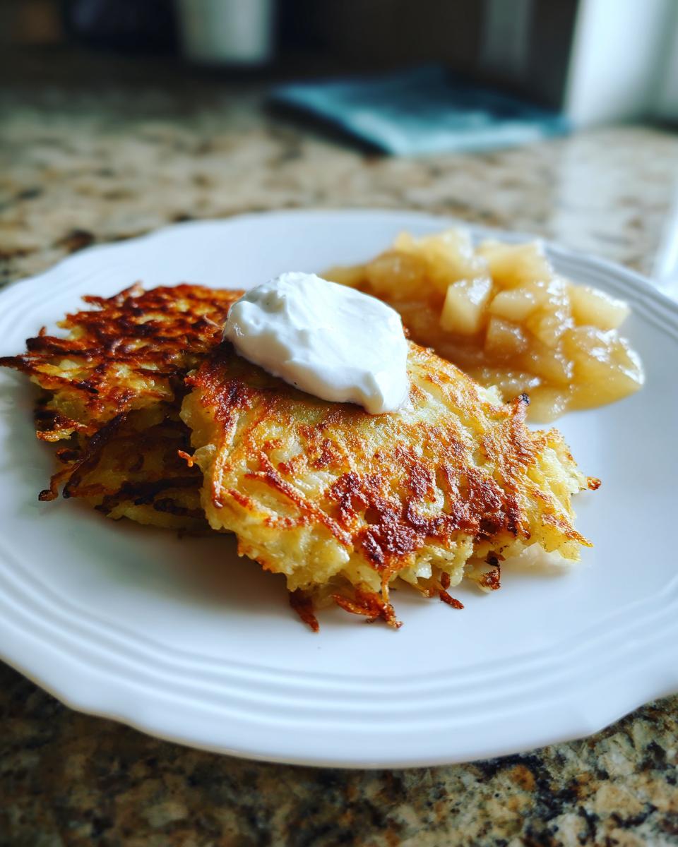 Goldbraune Kartoffelpuffer mit einem Klecks Sauerrahm und Apfelmus auf einem Teller.