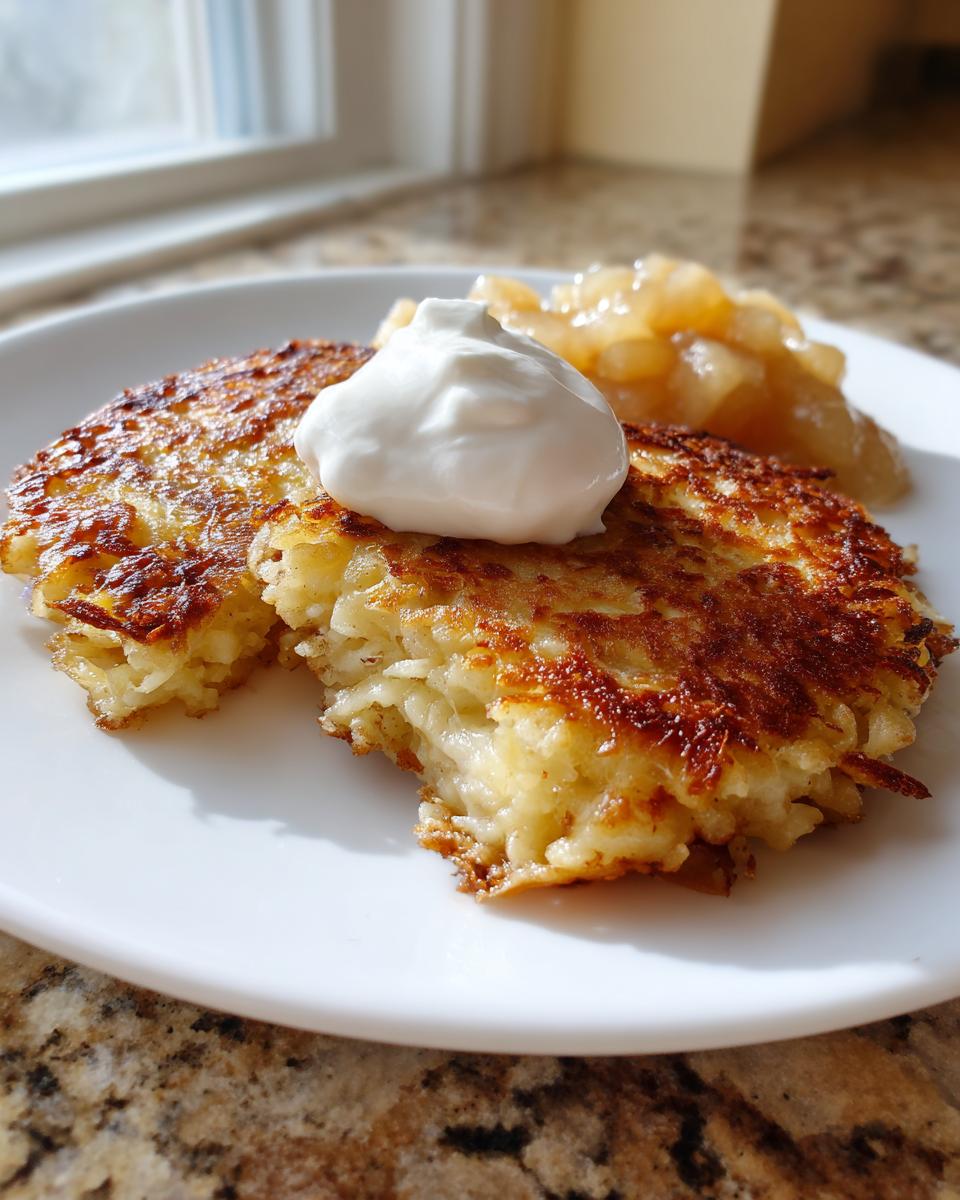 Nahaufnahme von goldbraunen Kartoffelpuffern mit einem Klecks Sauerrahm und Apfelmus auf einem Teller.