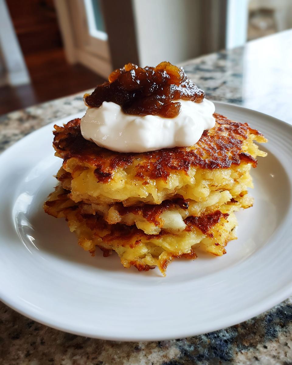 Gestapelte, goldbraune Kartoffelpuffer mit einem Klecks Sauerrahm und Apfelmus obendrauf.
