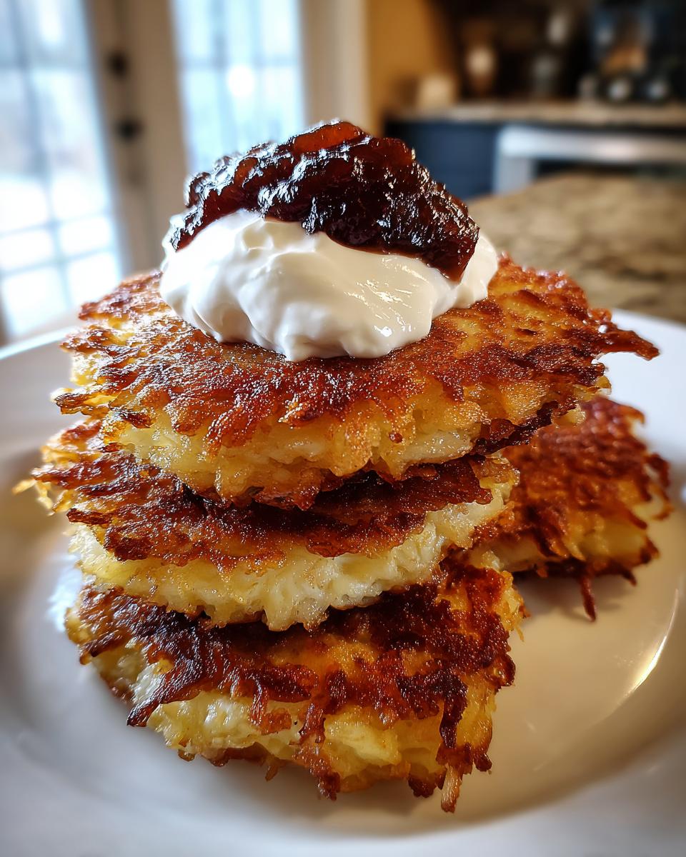 Ein Stapel goldbrauner Kartoffelpuffer, gekrönt mit cremigem Sauerrahm und einem Klecks Apfelmus.