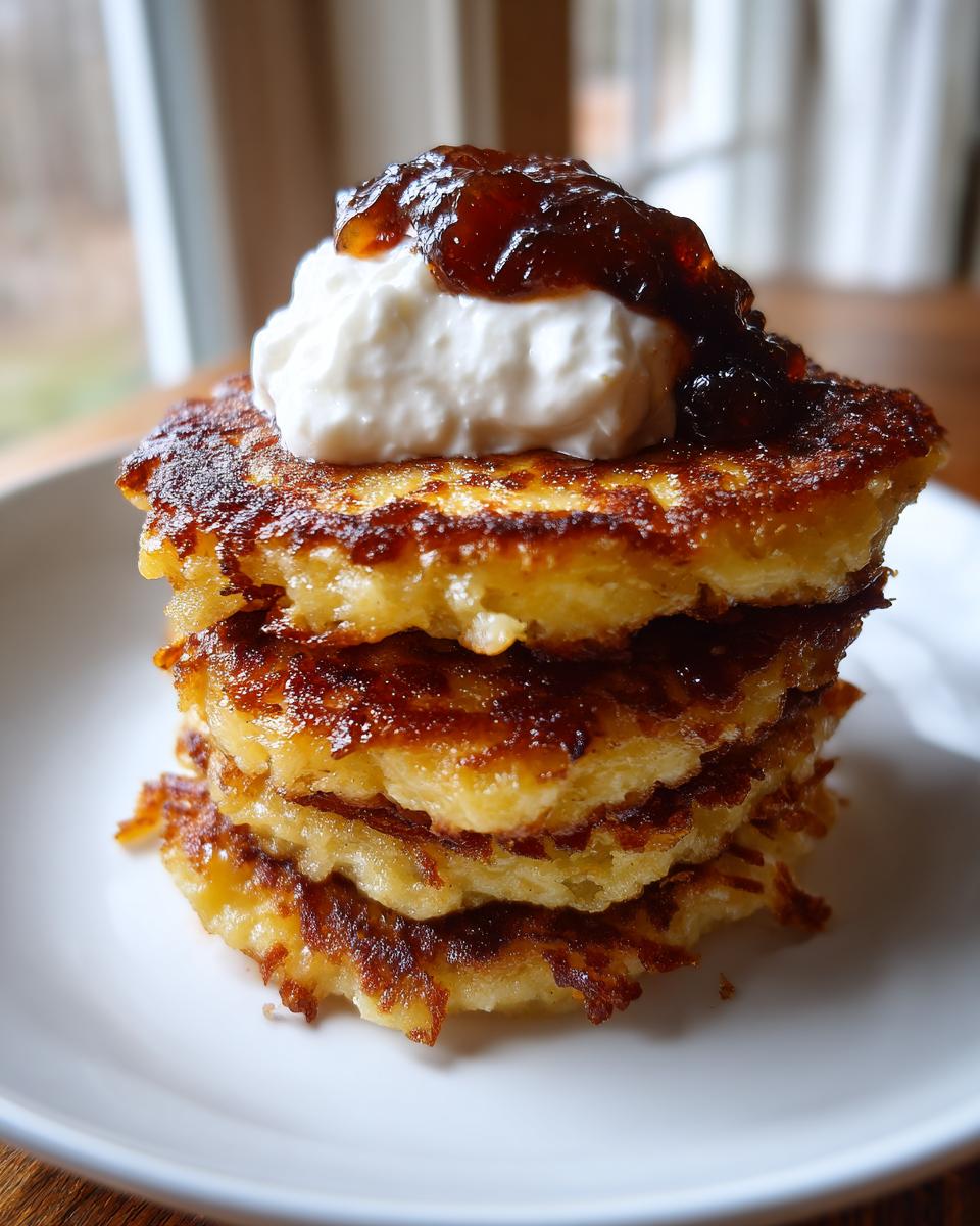 Gestapelte Kartoffelpuffer mit einem Klecks Sauerrahm und Apfelmus obendrauf.