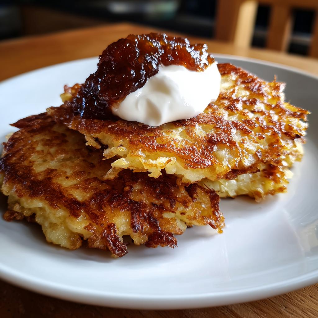 Zwei goldbraune, knusprige Kartoffelpuffer gestapelt auf einem Teller, garniert mit einem Klecks Sauerrahm und Apfelmus.
