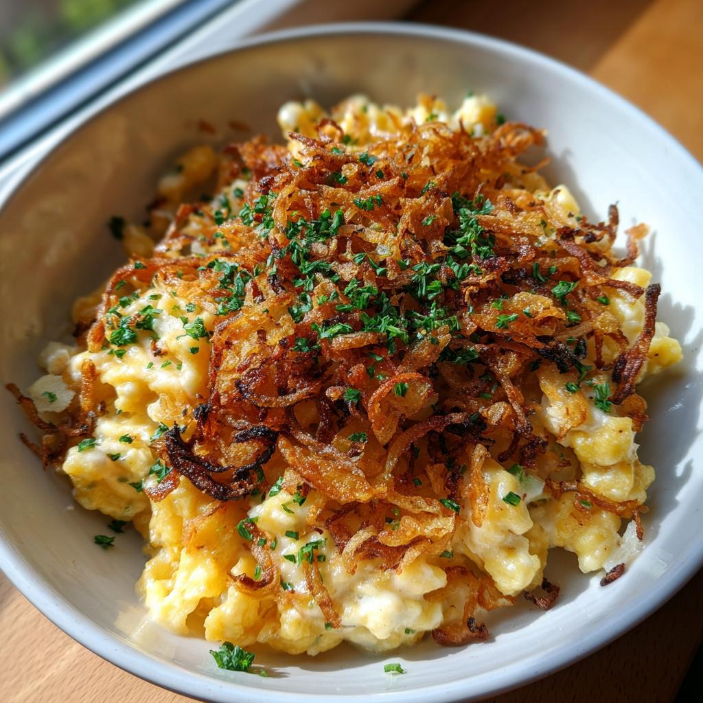 Ein Teller voller Käsespätzle mit Röstzwiebeln und frischer Petersilie, bedeckt von einer cremigen Sauce.