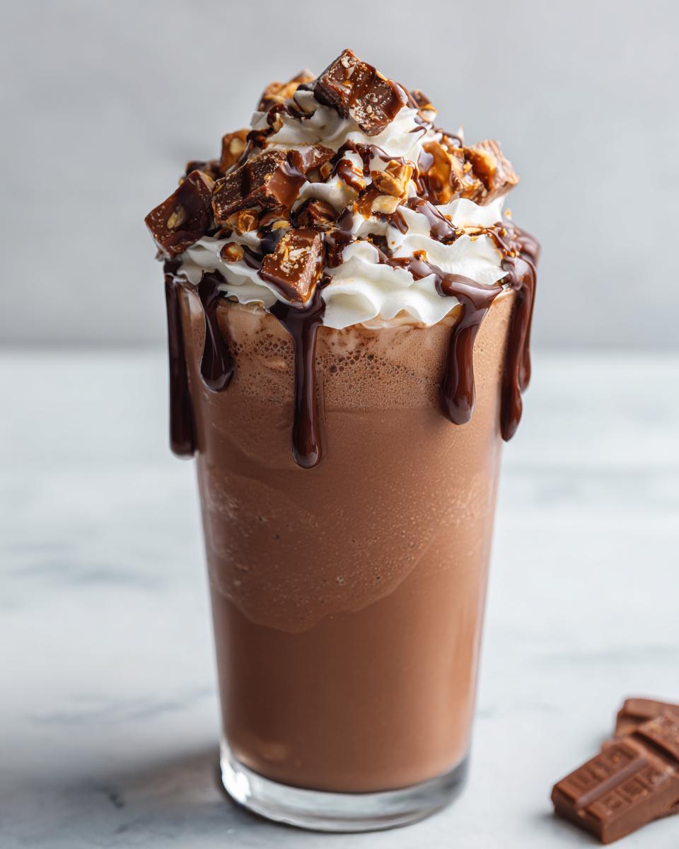 Ein dekadenter Kinder Bueno Drink mit Schlagsahne, Schokoladensauce und Bueno-Stücken.
