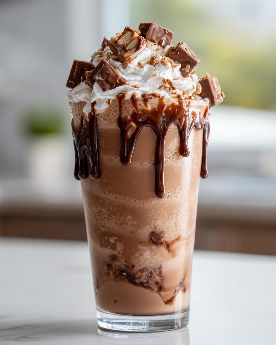 Ein dekadenter Kinder Bueno Drink, üppig garniert mit Schlagsahne, Schokoladensauce und Kinder Bueno Stücken.