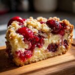 Ein Stück Kirsch-Streuselkuchen mit Vanillepudding auf einem Holzbrett, saftige Kirschen und knusprige Streusel.