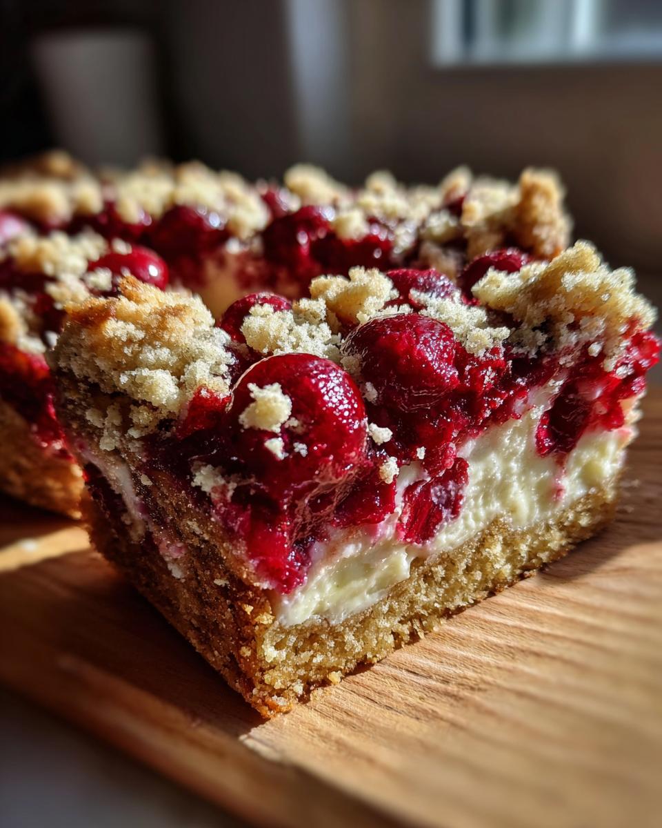Ein Stück Kirsch-Streuselkuchen mit Vanillepudding auf einem Holzbrett, mit saftigen Kirschen und knusprigen Streuseln.