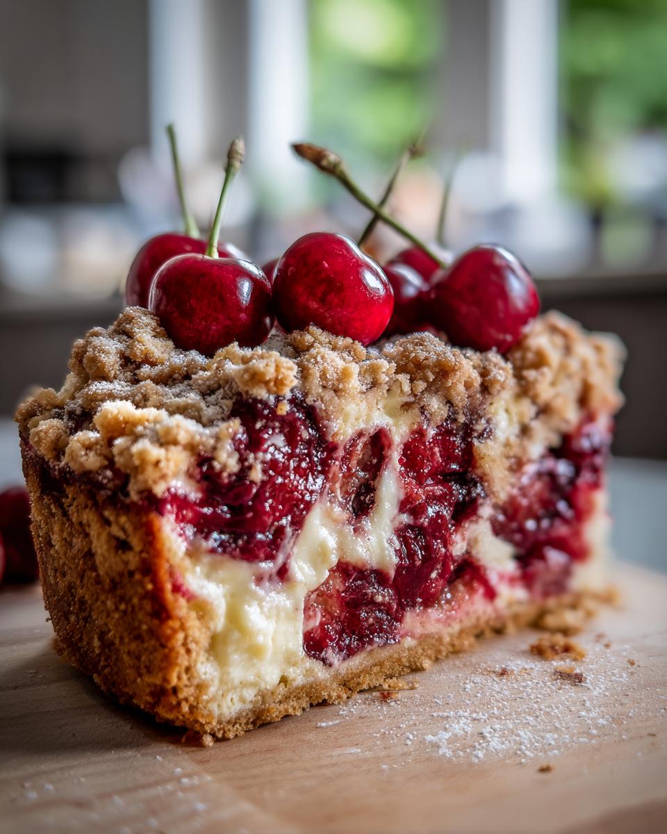 Ein saftiges Stück Kirsch-Streuselkuchen mit Vanillepudding, garniert mit frischen Kirschen und Streuseln.