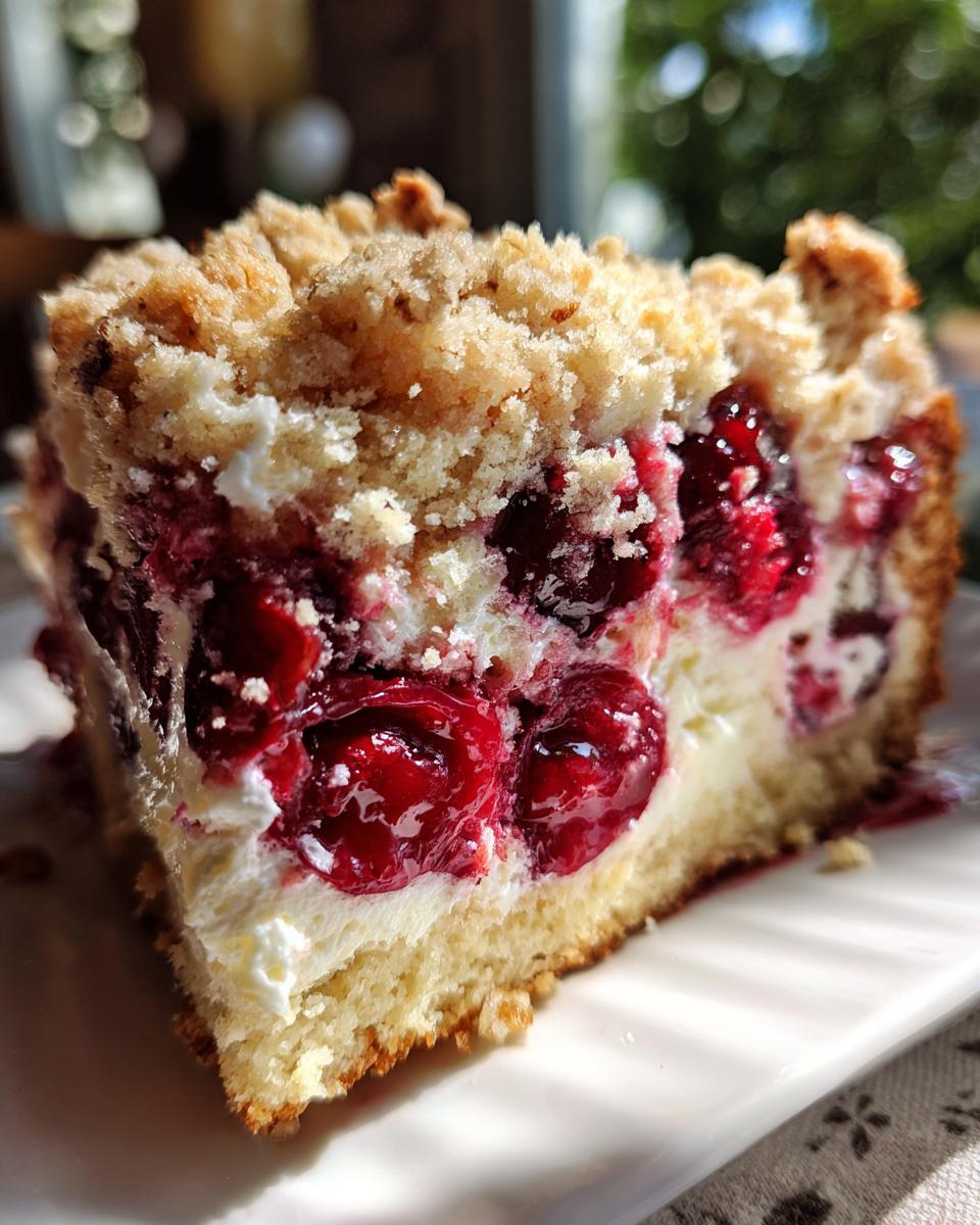 Ein saftiges Stück Kirsch-Streuselkuchen mit Vanillepudding, das zum Reinbeißen einlädt.