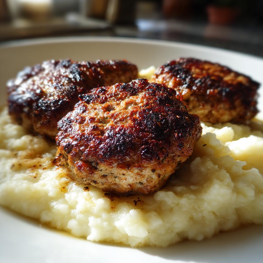 Drei goldbraun gebratene Kotlety Mielone, polnische Frikadellen, serviert auf cremigem Kartoffelpüree.