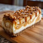 Ein saftiges Stück Kürbis-Karamell-Käsekuchen mit karamellisierten Streifen und Streuseln.