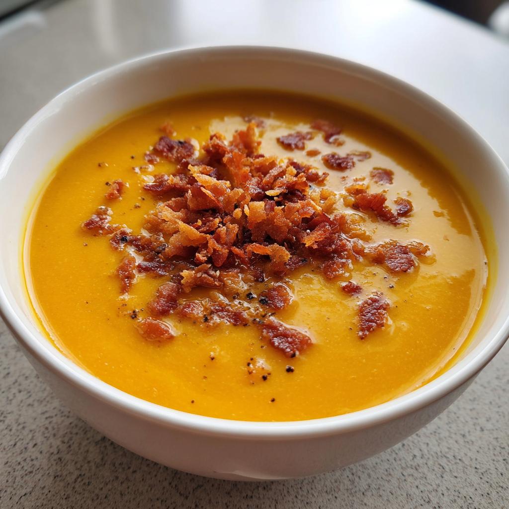Eine Schüssel mit cremiger Kürbis-Kartoffel-Suppe, garniert mit knusprigen Baconflakes und schwarzem Pfeffer.