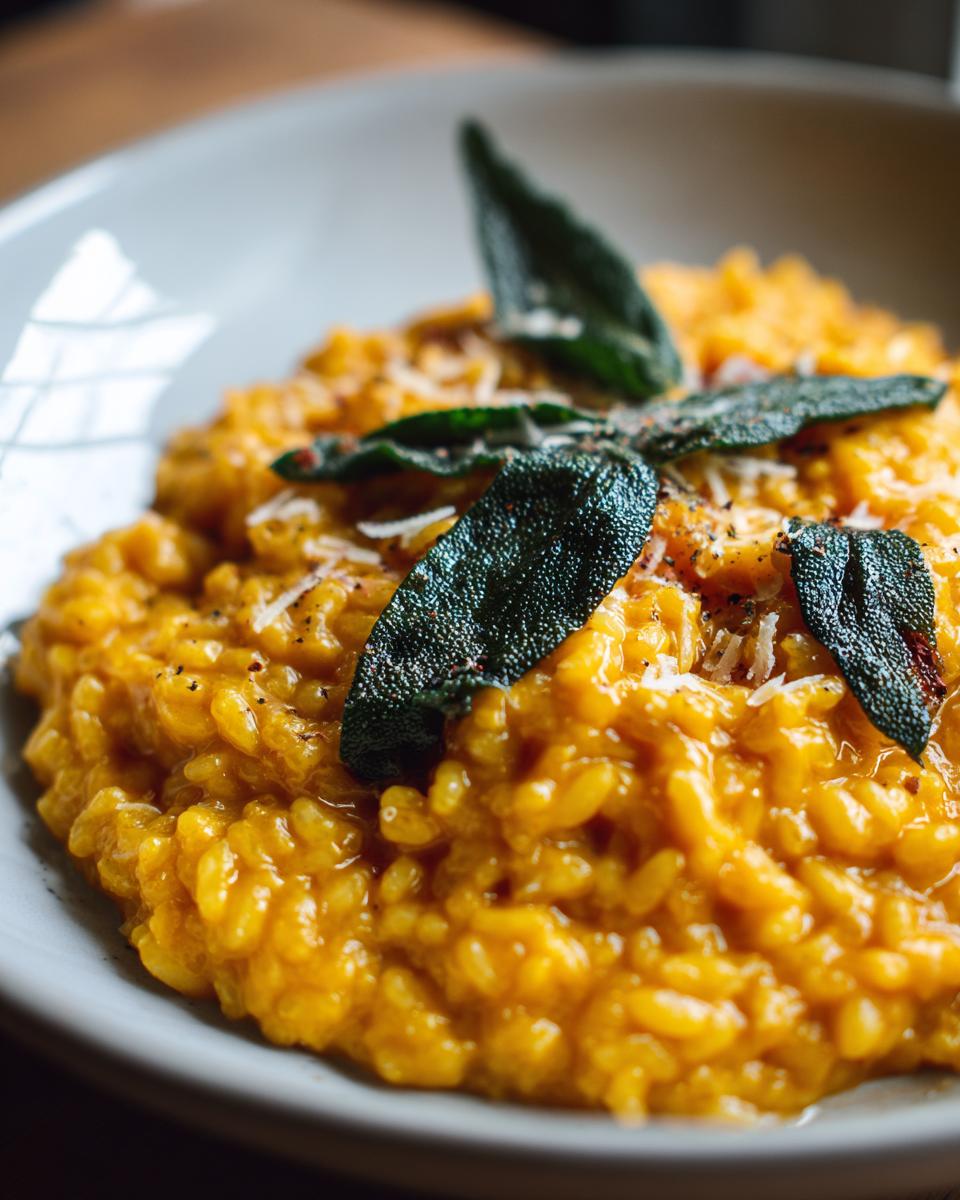 Nahaufnahme von cremigem Kürbis-Risotto mit Salbei und Parmesan, perfekt für 2 Personen.