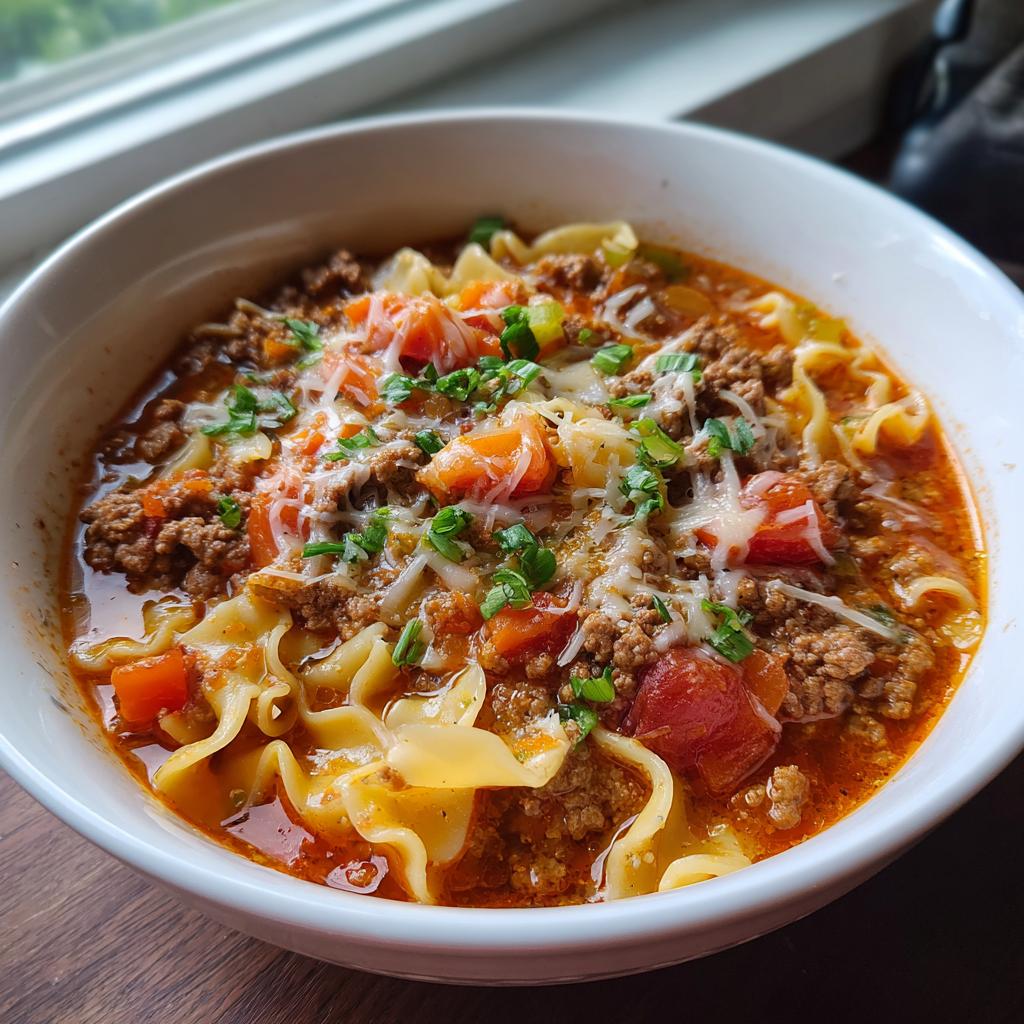 Eine dampfende Schüssel Lasagne-Suppe mit Hackfleisch, Nudeln und Käse, garniert mit Petersilie.
