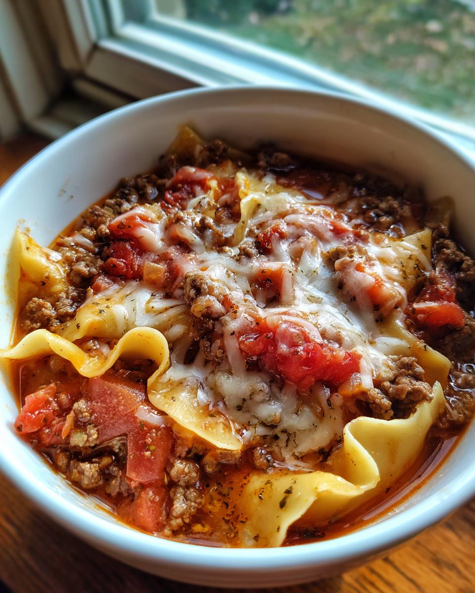 Eine Schüssel dampfender Lasagne-Suppe mit Hackfleisch, Nudeln und geschmolzenem Käse.