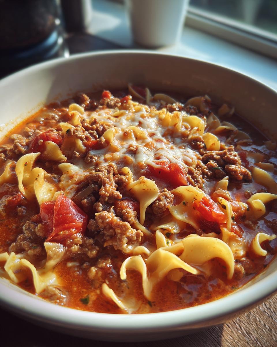 Eine Schüssel dampfende Lasagne-Suppe mit Hackfleisch, Nudeln und geschmolzenem Käse.
