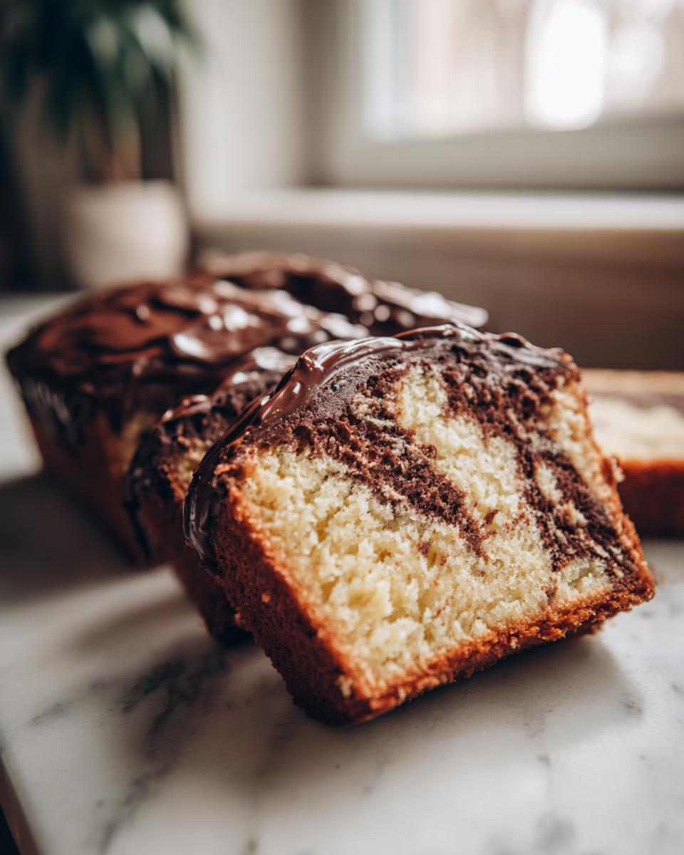 Nahaufnahme eines angeschnittenen Marmorkuchens mit Schokoglasur, der auf einer Marmorplatte liegt.
