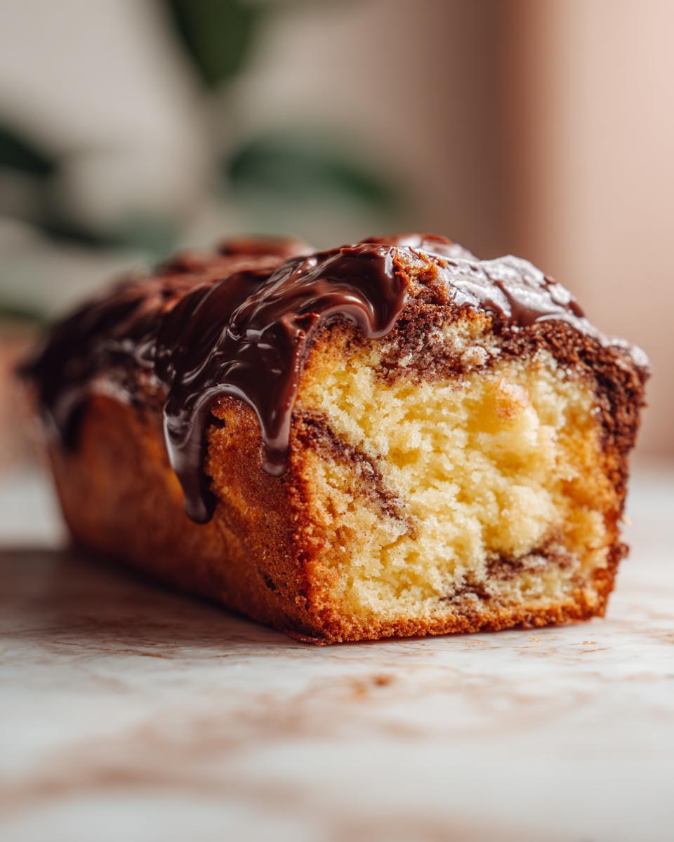 Nahaufnahme eines angeschnittenen Marmorkuchens mit Schokoglasur, der saftig und locker aussieht.