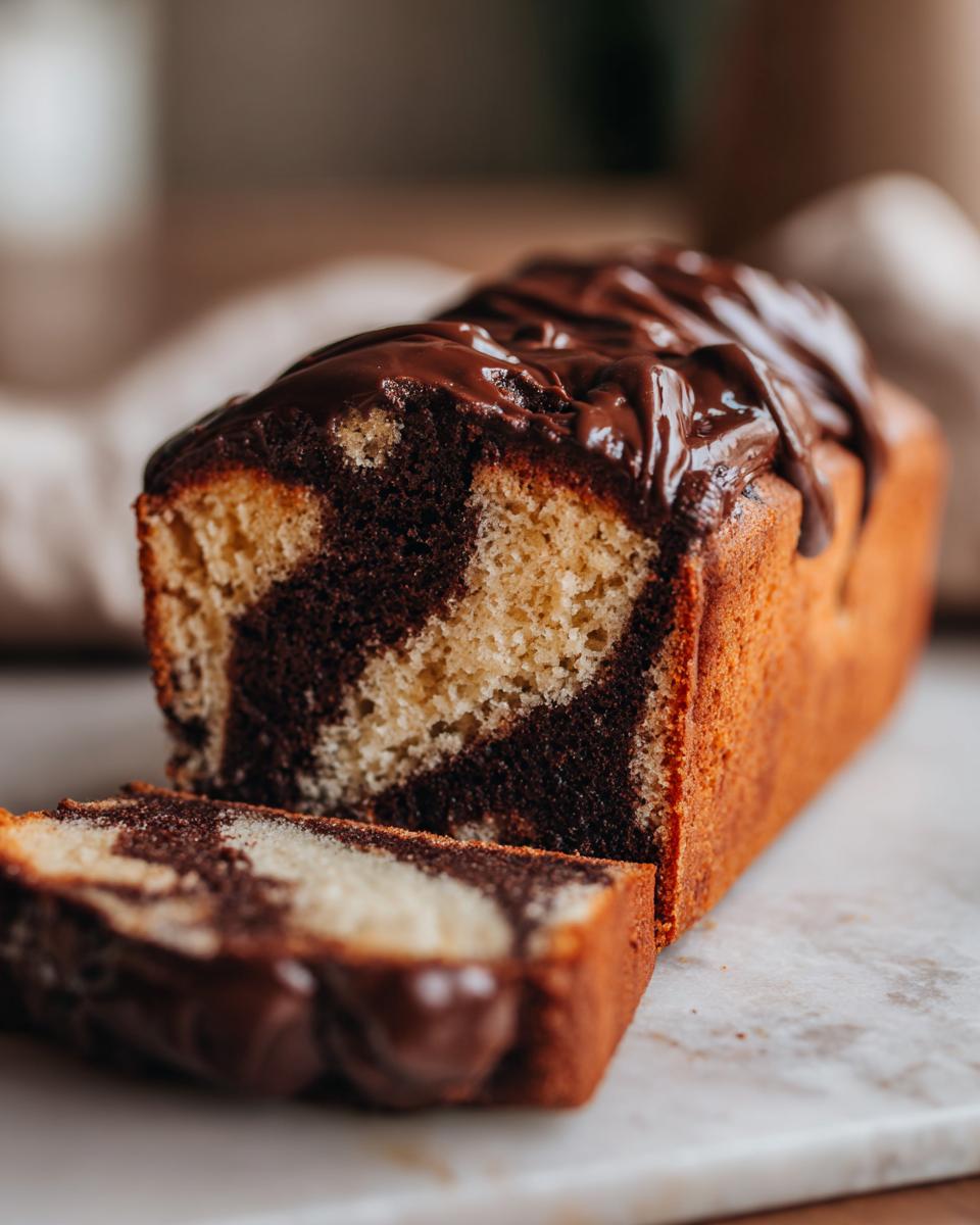 Ein Anschnitt von Omas bestem Marmorkuchen mit Schokoglasur, der saftig und lecker aussieht.