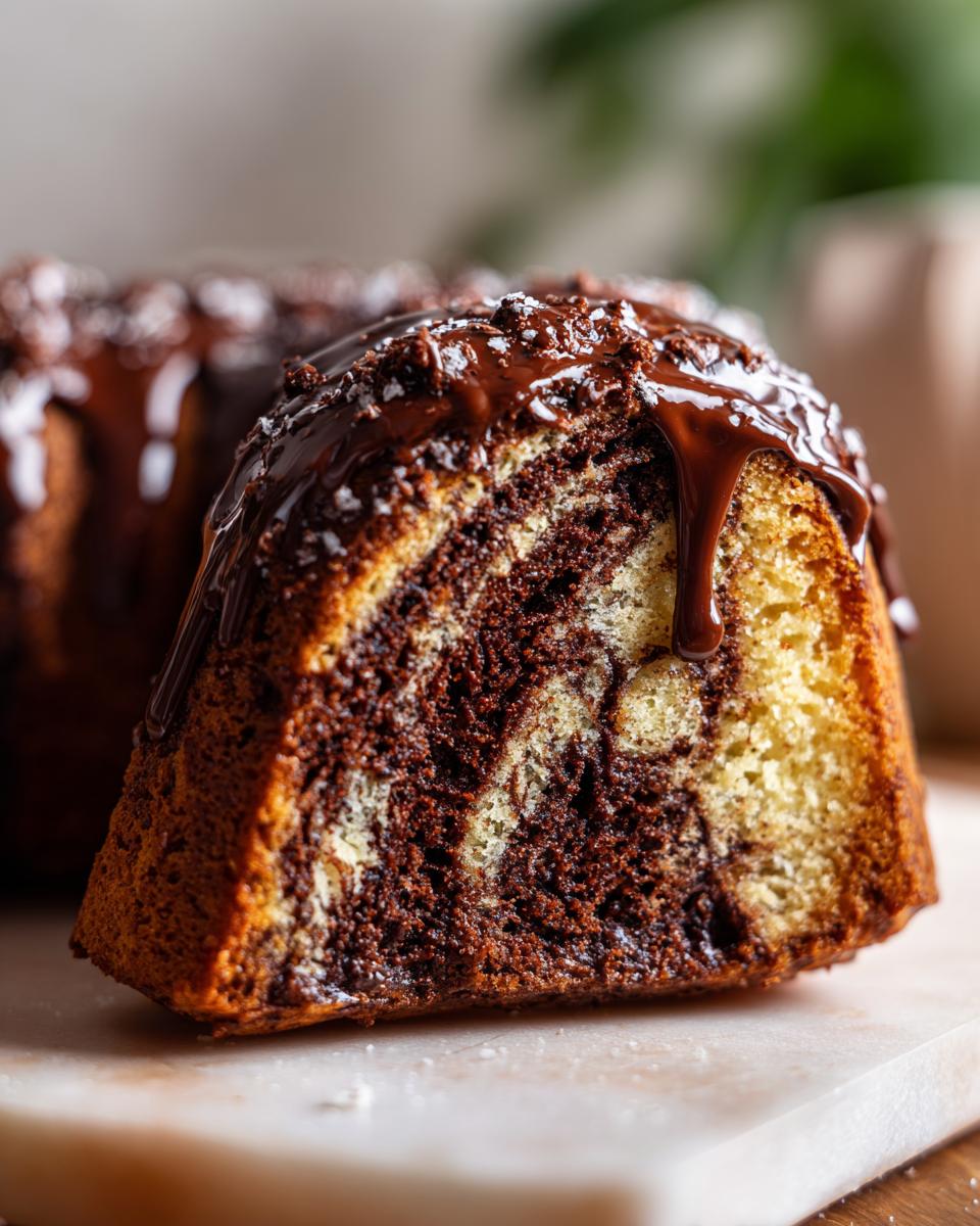 Ein Anschnitt von Omas bestem Marmorkuchen mit Schokoglasur, der saftig und locker aussieht.