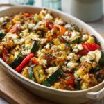 Nahaufnahme eines mediterranen Gemüseauflaufs mit Feta, Zucchini, Paprika und Blumenkohl.