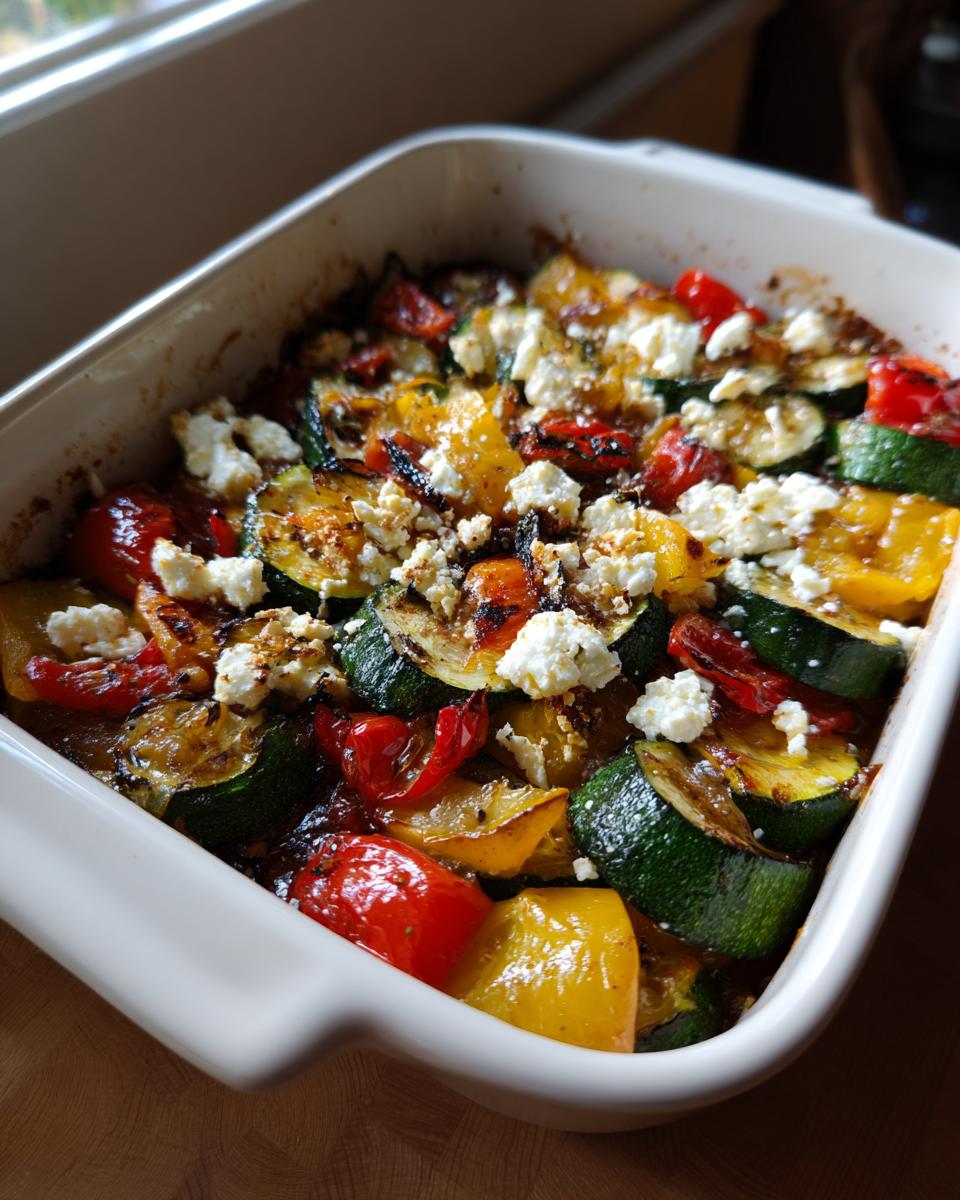 Frisch gebackener mediterraner Gemüseauflauf mit Feta, Zucchini, Paprika und Tomaten in einer Auflaufform.