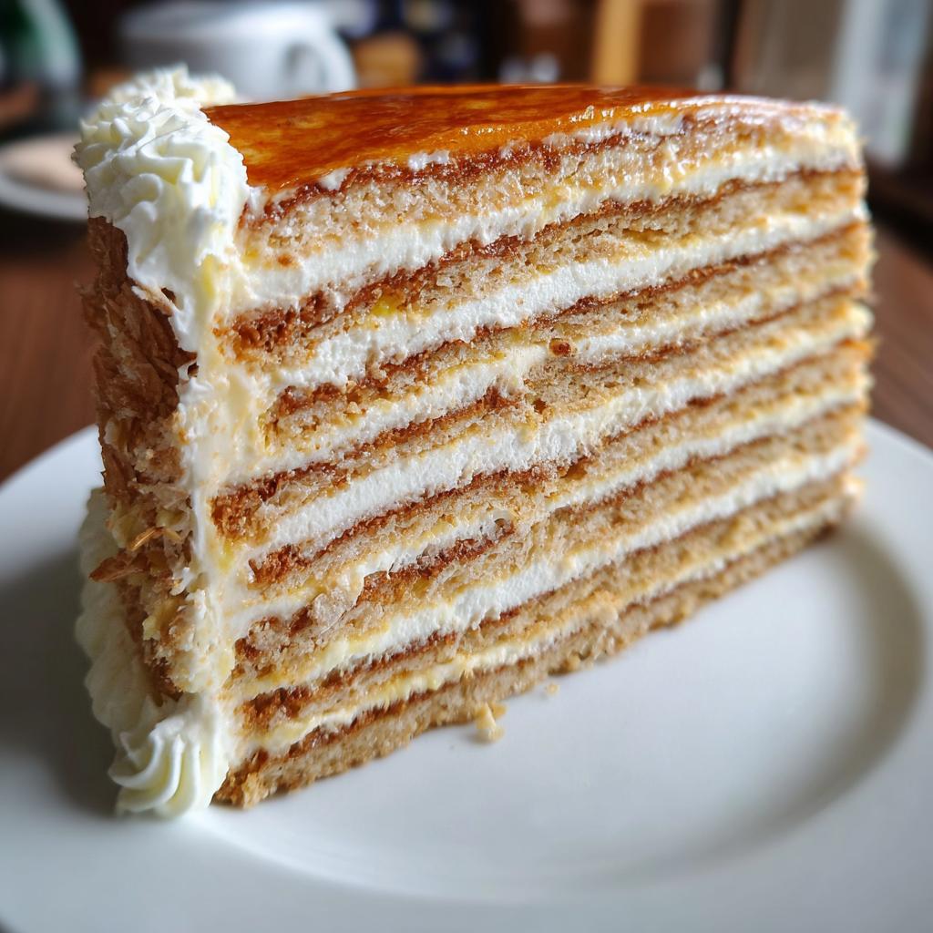 Nahaufnahme eines Stücks Medovik, Russischer Honigkuchen, mit vielen Schichten und Sahnefüllung.