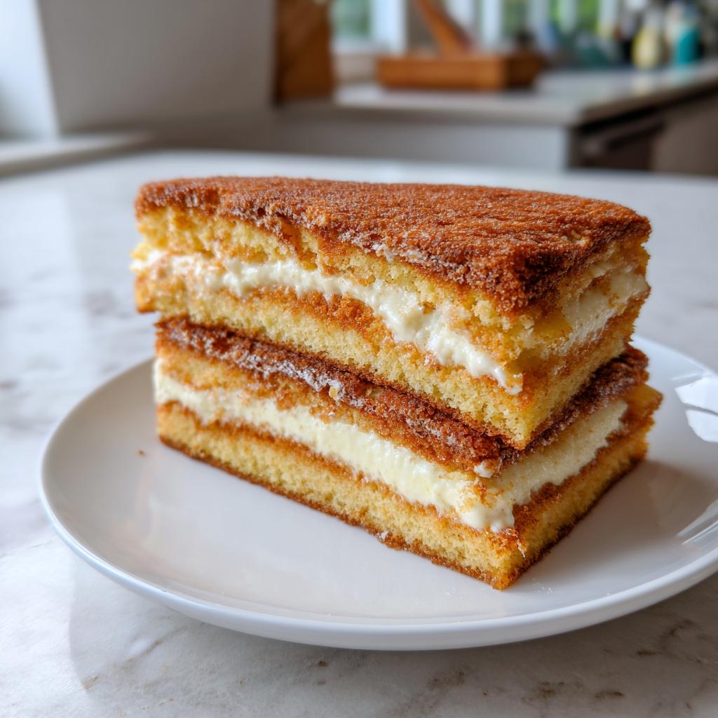 Zwei saftige Stücke Milchschnitten-Kuchen mit cremiger Füllung auf einem weißen Teller.