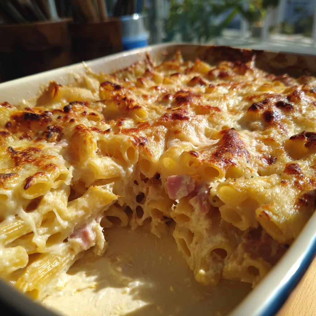 Nahaufnahme eines frisch gebackenen Nudel-Schinken-Gratins mit goldbrauner Käsekruste und sichtbaren Nudeln und Schinkenstücken.