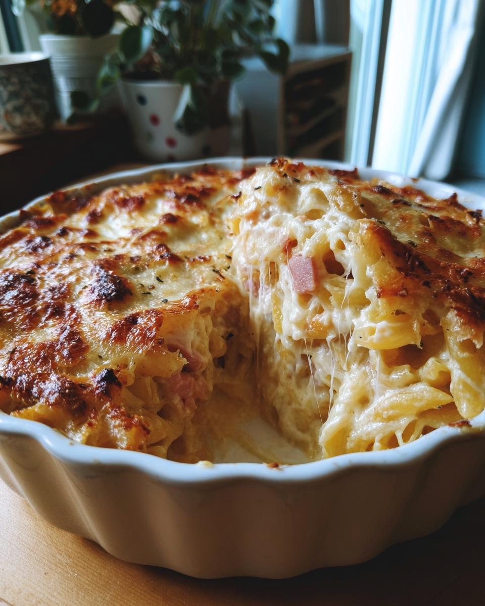 Nahaufnahme eines frisch gebackenen Nudel-Schinken-Gratins mit geschmolzenem Käse und Schinkenwürfeln.