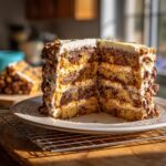 Ein Anschnitt von einem saftigen Nusskuchen mit Haselnüssen und Schokostückchen, geschichtet mit Creme.