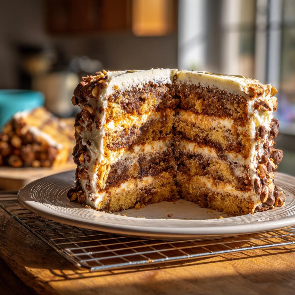 Ein Anschnitt von einem saftigen Nusskuchen mit Haselnüssen und Schokostückchen, geschichtet mit Creme.