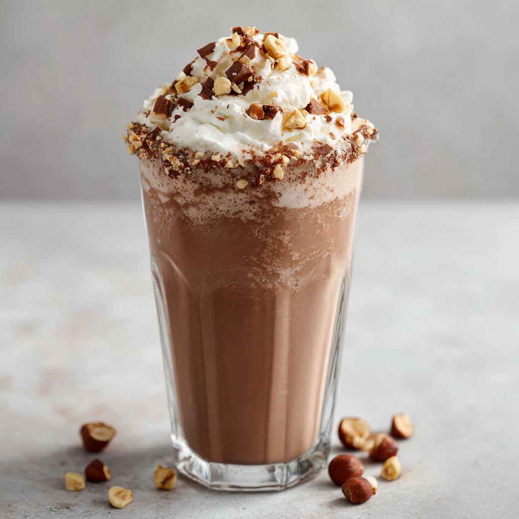 Ein cremiger Nutella-Milchshake mit Haselnussstückchen und Sahnehaube, garniert mit gehackten Haselnüssen.