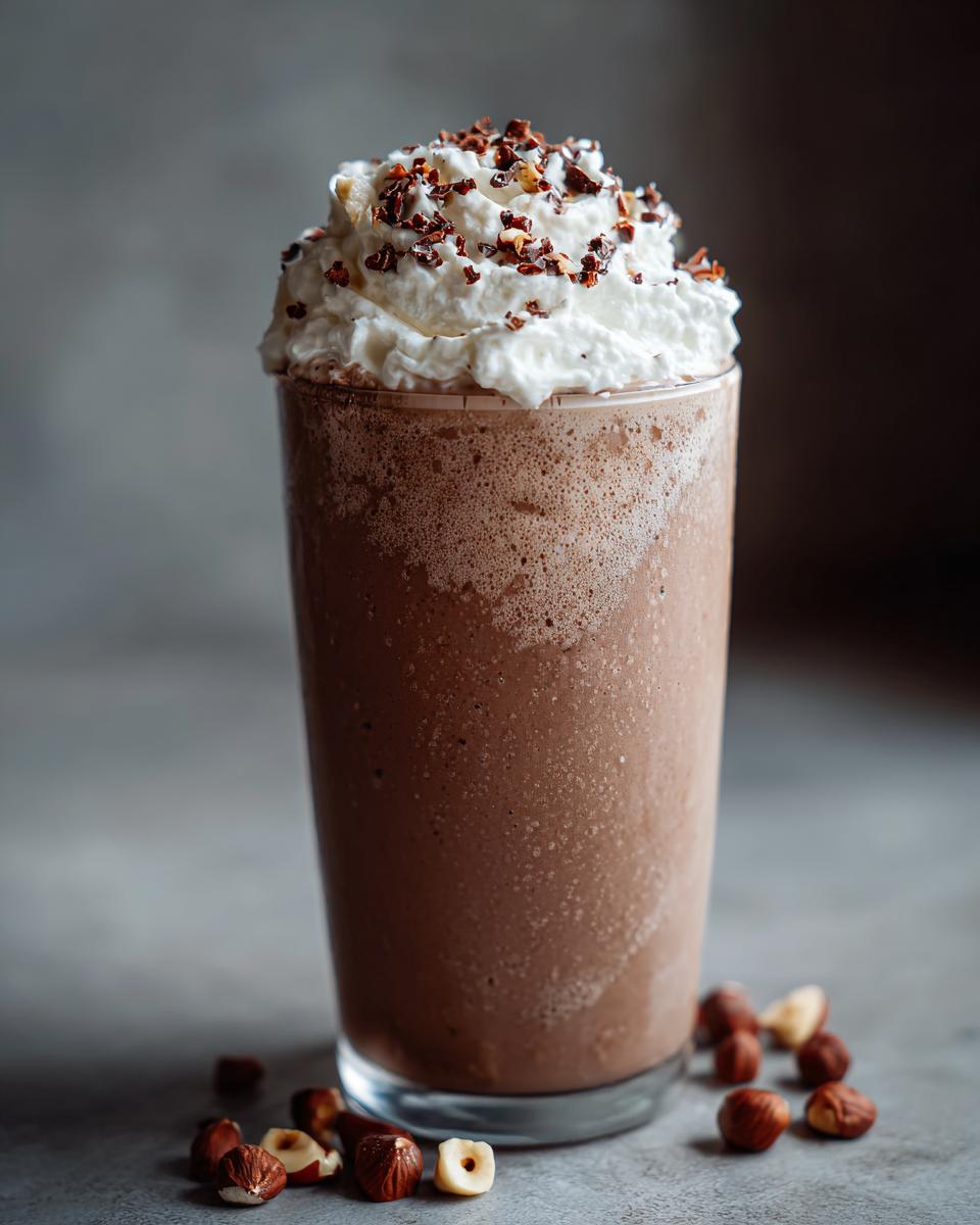 Ein cremiger Nutella-Milchshake mit Haselnussstückchen und Sahne getoppt, umgeben von ganzen und zerbrochenen Haselnüssen.