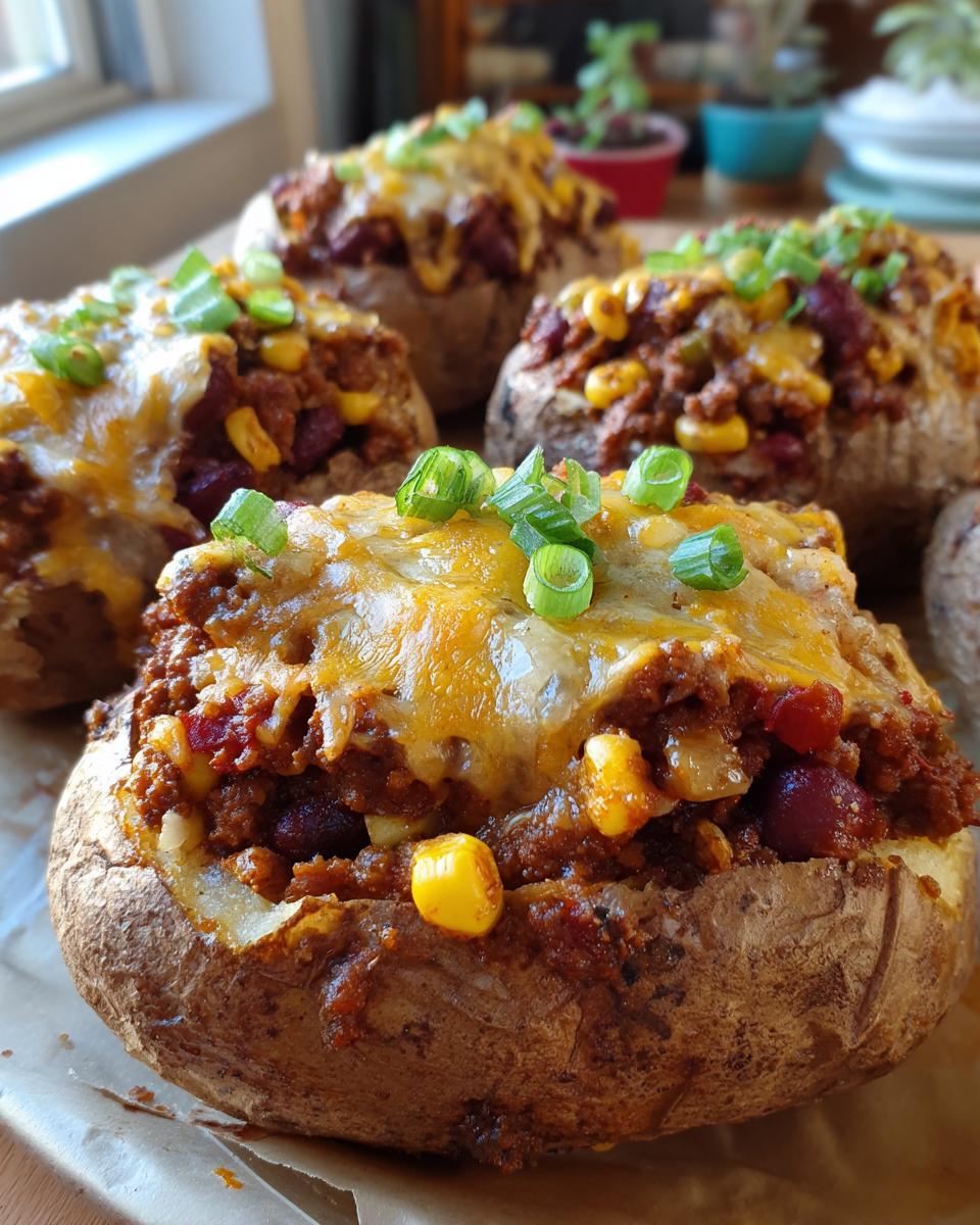 Herzhafte Ofenkartoffeln mit einer würzigen Hackfleisch-Taco-Füllung und geschmolzenem Käse, garniert mit Frühlingszwiebeln.