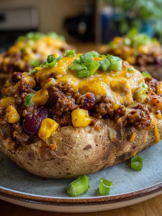 Nahaufnahme von saftigen Ofenkartoffeln, gefüllt mit würziger Hackfleisch-Taco-Füllung und geschmolzenem Käse, garniert mit Frühlingszwiebeln.