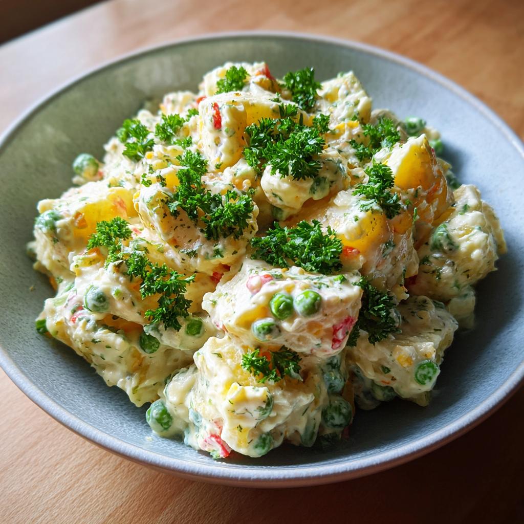 Nahaufnahme von cremigem Olivier-Salat, einem russischen Kartoffelsalat mit Erbsen, Ei und Petersilie.