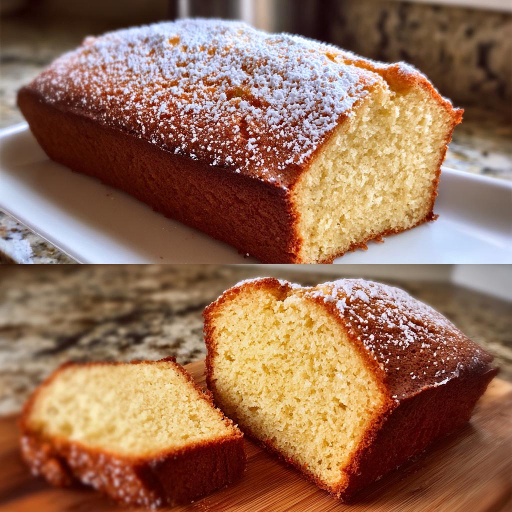 Ein Anschnitt von Omas Sahne-Rührkuchen mit Zitrone, bestäubt mit Puderzucker, zeigt die saftige Krume.