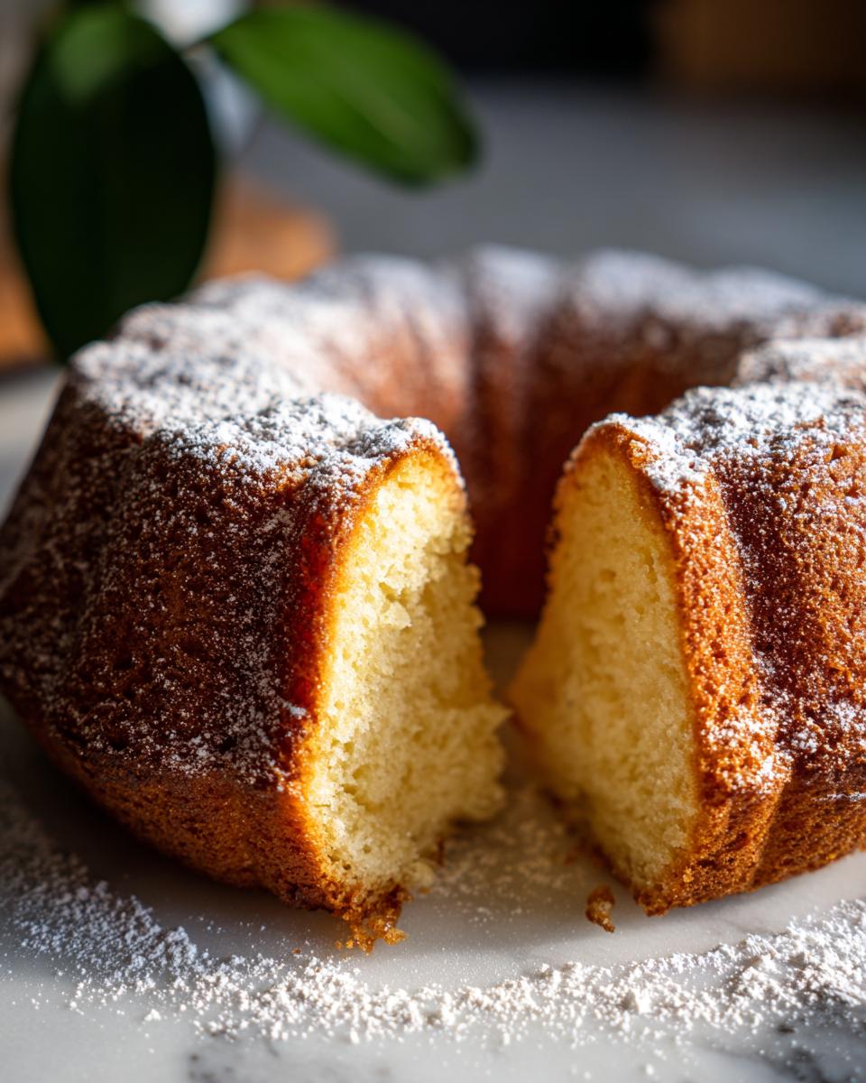 Ein Anschnitt von Omas Sahne-Rührkuchen mit Zitrone, bestäubt mit Puderzucker, zeigt die lockere Krume.
