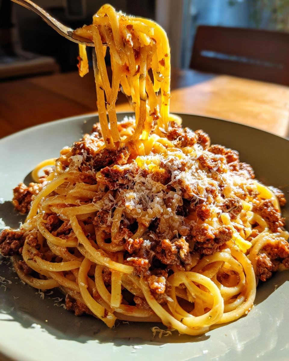 Eine Gabel hebt eine Portion cremiger One-Pot-Pasta mit Hackfleisch und Parmesan aus einem Teller.