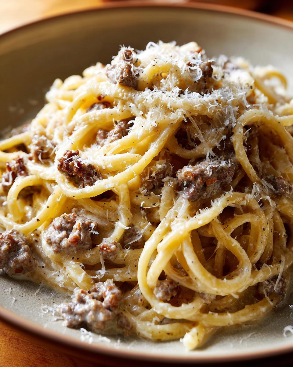 Nahaufnahme einer dampfenden One-Pot-Creme-Pasta mit Hackfleisch und Parmesan, perfekt für ein schnelles Abendessen.
