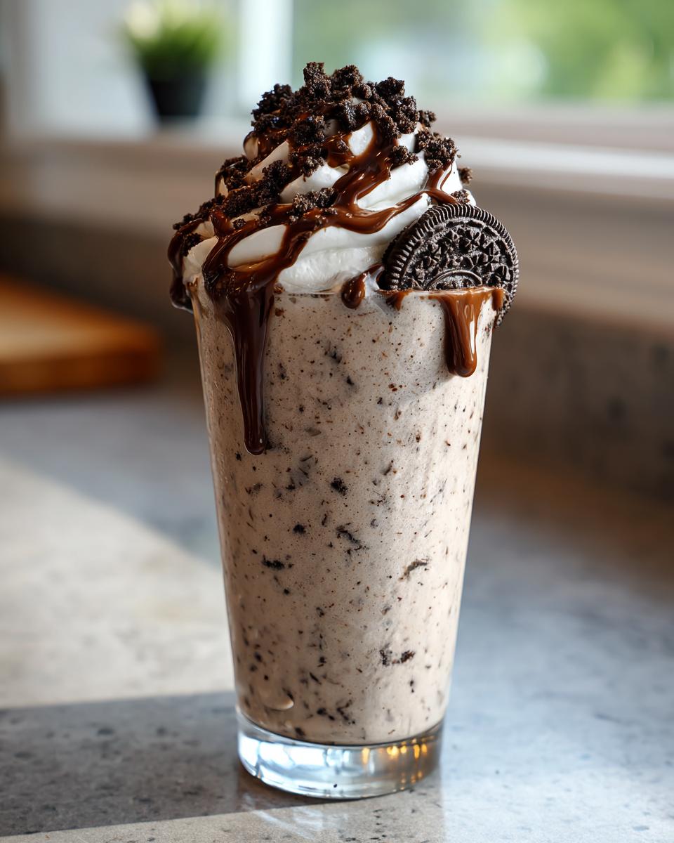 Ein cremiger Oreo-Milchshake mit Sahne, Schokosauce und Oreo-Keks-Stückchen garniert.