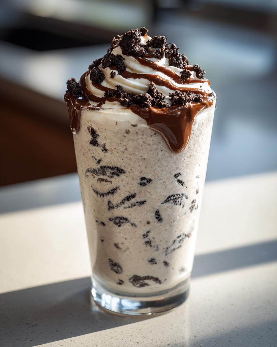 Ein cremiger Oreo-Milchshake mit Schokosauce und Keks-Stückchen, garniert mit Sahne.