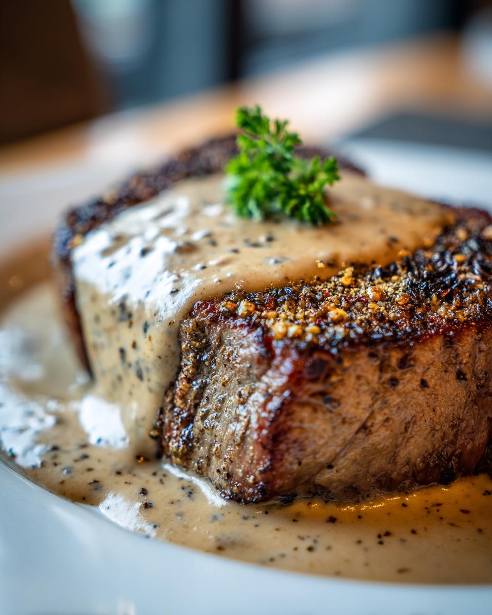 Ein saftiges Parmesan-Steak mit cremiger Pfeffersauce und einem Petersilienblatt garniert.
