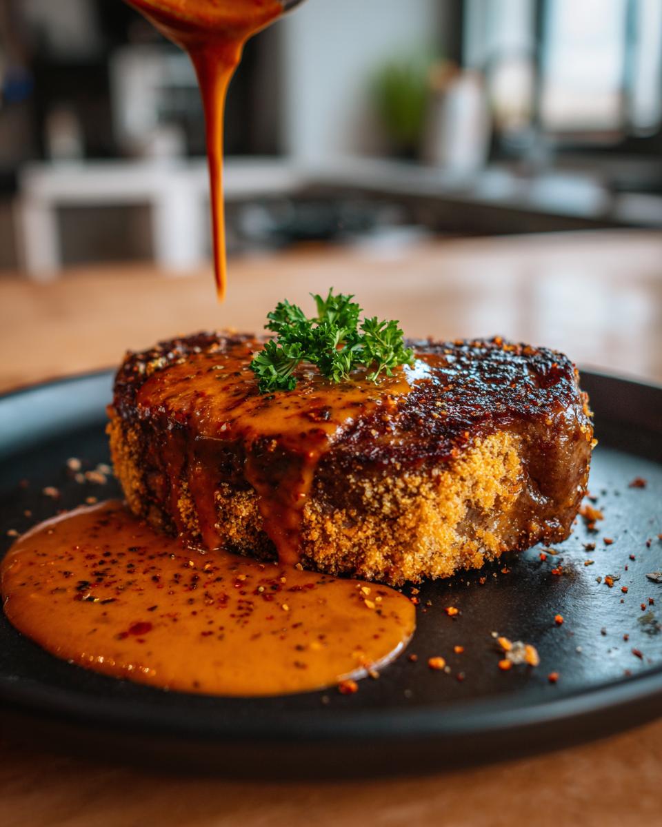 Ein saftiges Parmesan-Steak wird mit cremiger Pfeffersauce übergossen, garniert mit Petersilie.